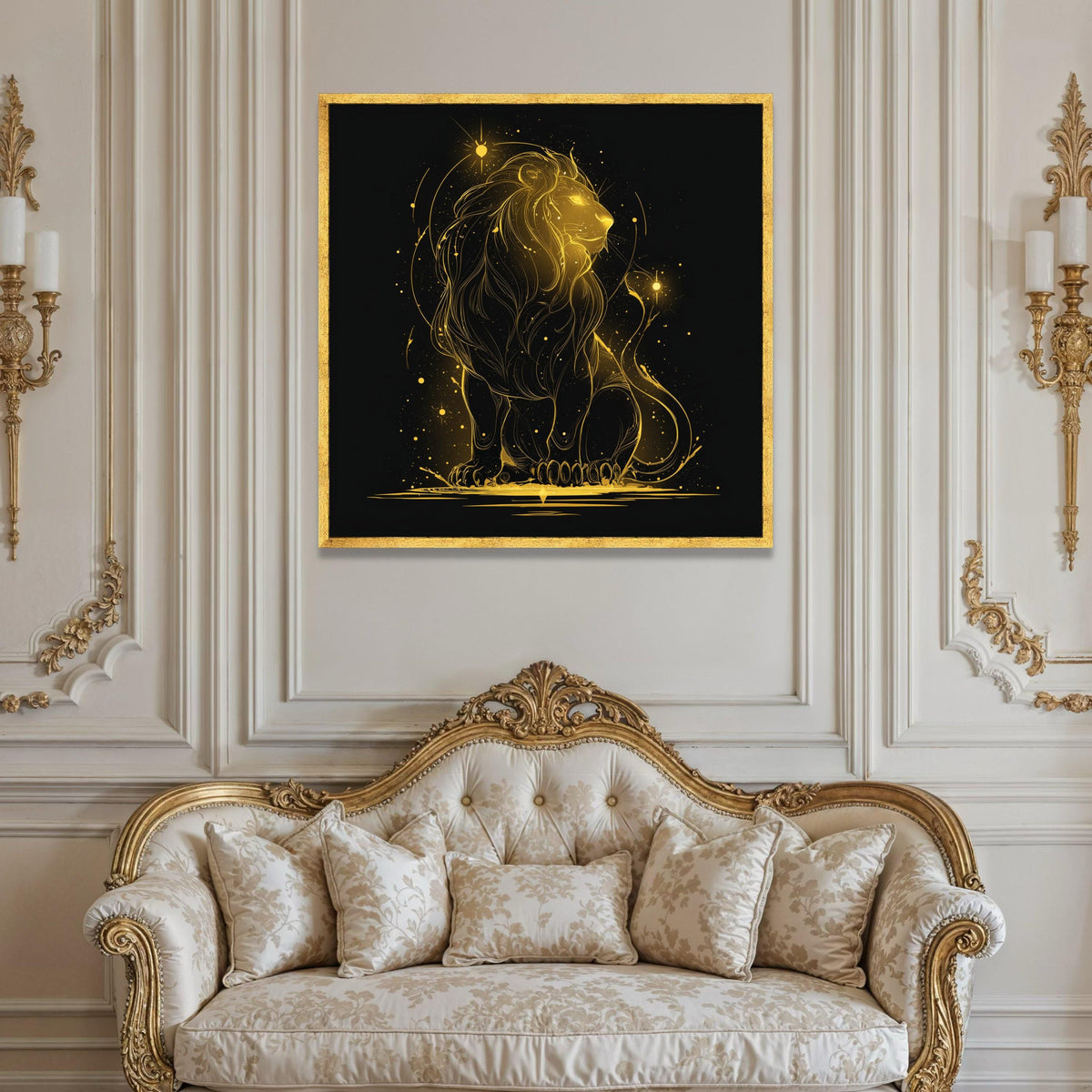 Glowing Golden Lion Canvas, Cosmic Animal Wall Art, Abstract Wildlife Canvas, Powerful Lion Illustration, Modern Home Luxury Home Decor