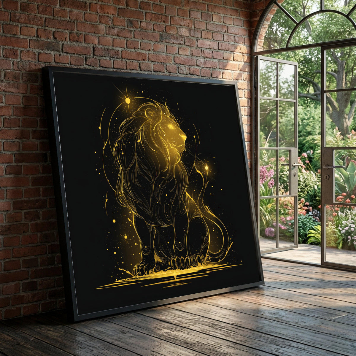 Glowing Golden Lion Canvas, Cosmic Animal Wall Art, Abstract Wildlife Canvas, Powerful Lion Illustration, Modern Home Luxury Home Decor