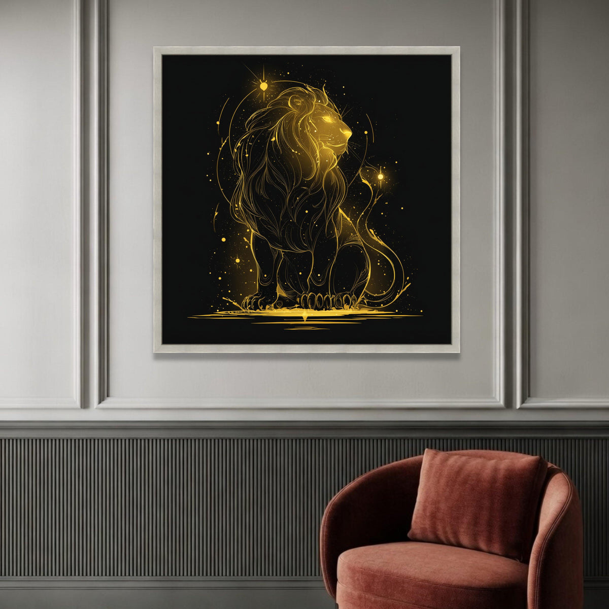 Glowing Golden Lion Canvas, Cosmic Animal Wall Art, Abstract Wildlife Canvas, Powerful Lion Illustration, Modern Home Luxury Home Decor
