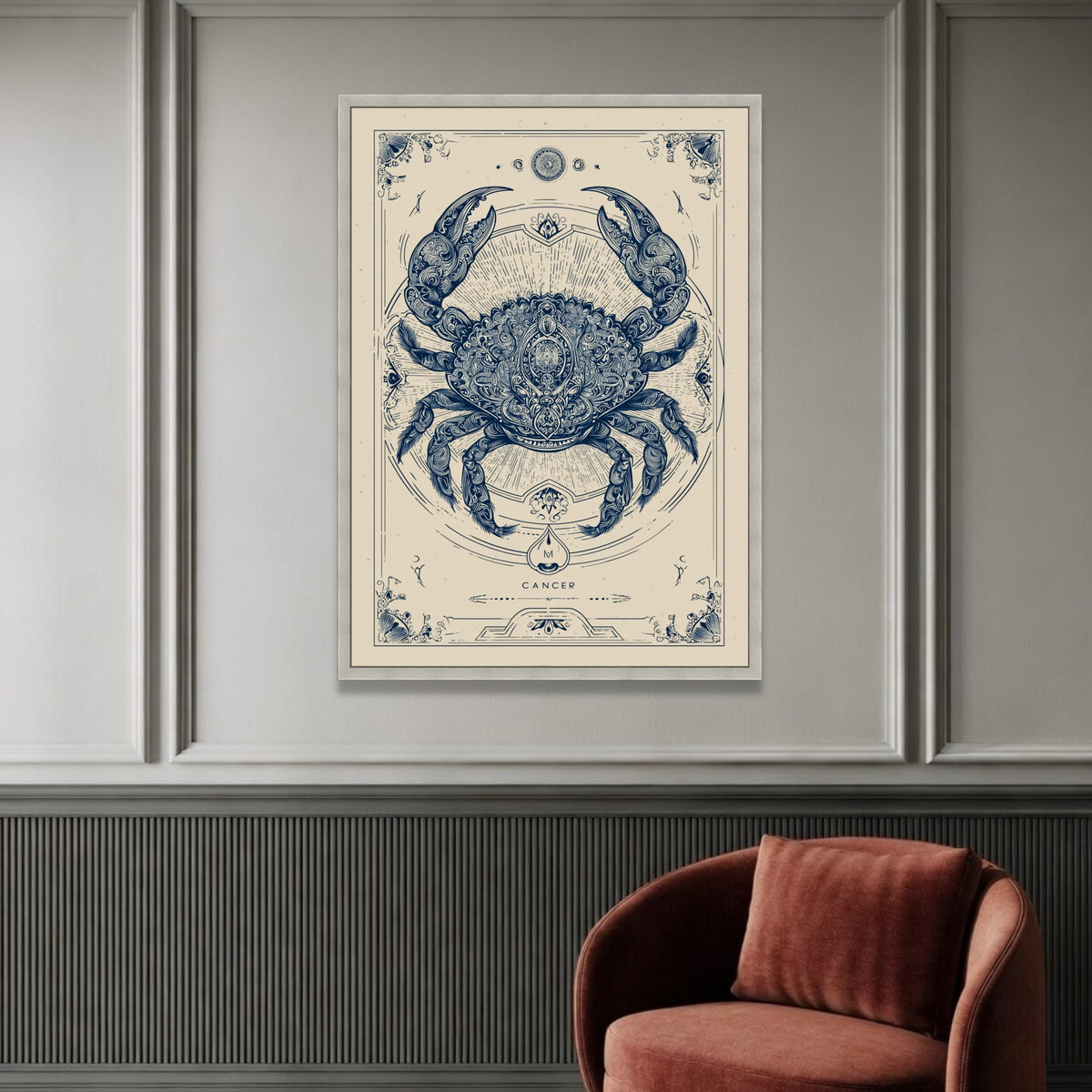 Intricate Cancer Zodiac Crab Canvas, Astrological Wall Art, Celestial Home Decor, Detailed Horoscope Canvas, Ready to Hang Luxury Home Decor