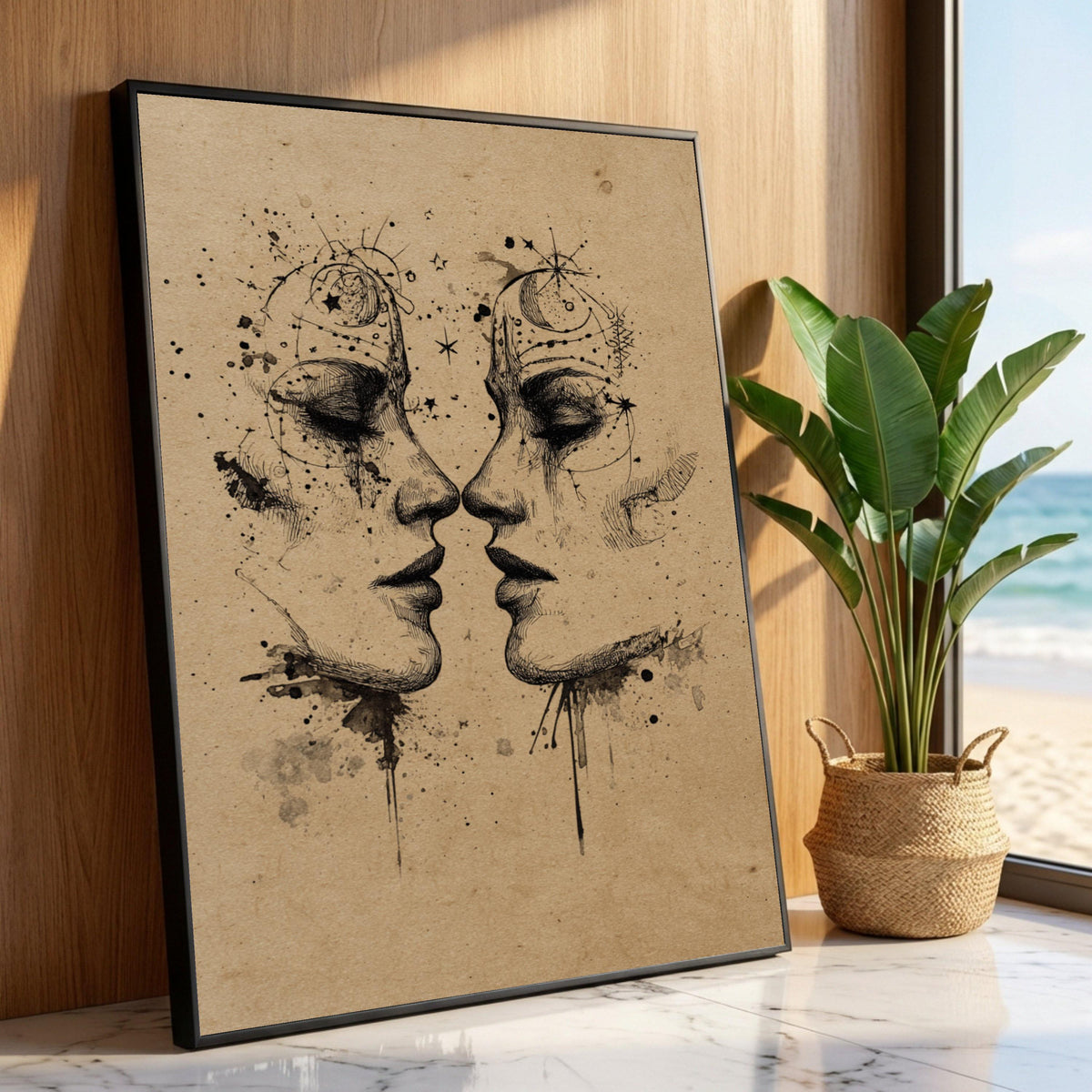 Celestial Faces Canvas Wall Art, Cosmic Moon and Stars Portrait, Abstract Dual Profile Illustration, Spiritual Home Luxury Home Decor