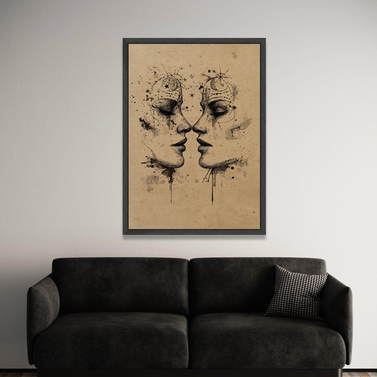 Celestial Faces Canvas Wall Art, Cosmic Moon and Stars Portrait, Abstract Dual Profile Illustration, Spiritual Home Luxury Home Decor