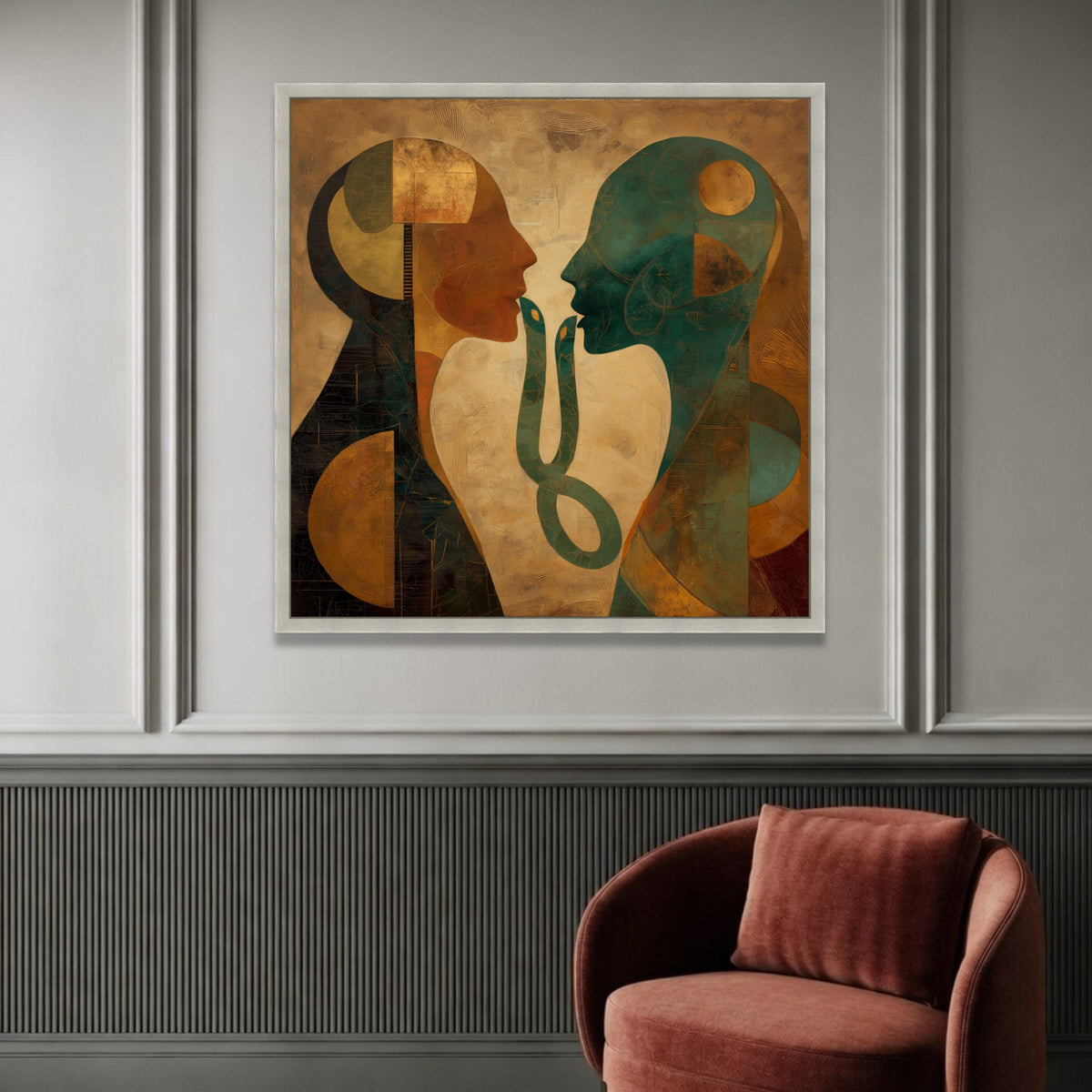 Abstract Dual Faces Canvas Art, Geometric Human Silhouettes, Ethereal Wall Decoration, Modern Home Canvas, Conversation Luxury Home Decor