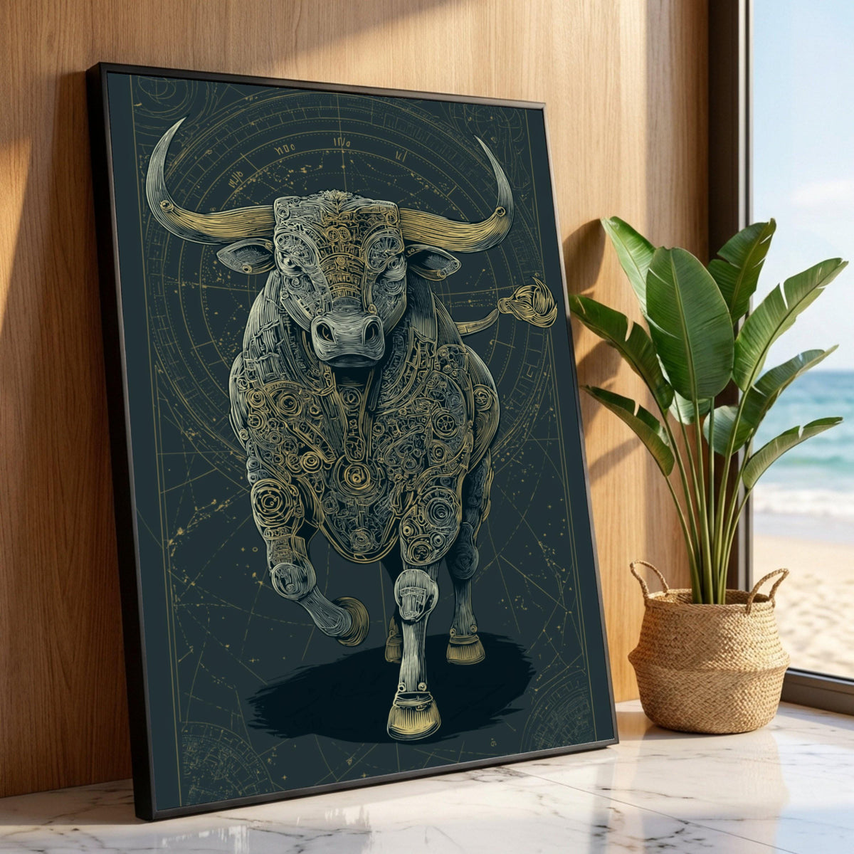 Mechanical Bull Canvas Wall Art, Steampunk Animal Design, Futuristic Metallic Bull, Industrial Home Decor, Bold Wall Luxury Home Decor