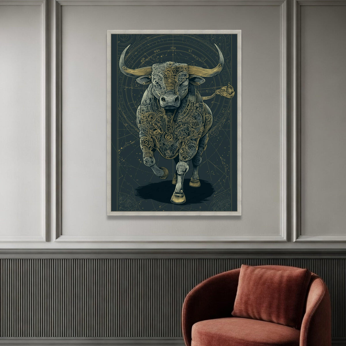 Mechanical Bull Canvas Wall Art, Steampunk Animal Design, Futuristic Metallic Bull, Industrial Home Decor, Bold Wall Luxury Home Decor