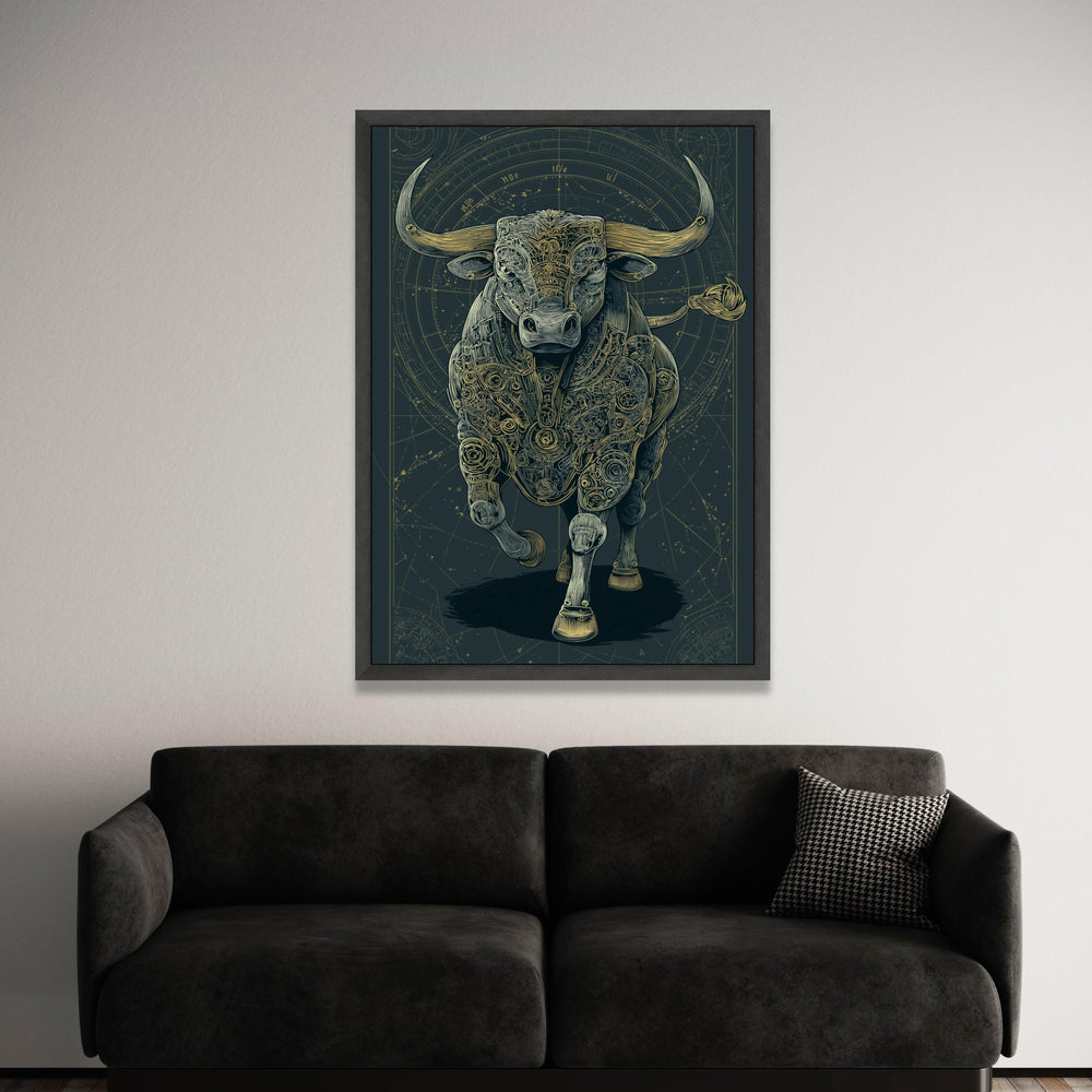 Mechanical Bull Canvas Wall Art, Steampunk Animal Design, Futuristic Metallic Bull, Industrial Home Decor, Bold Wall Luxury Home Decor