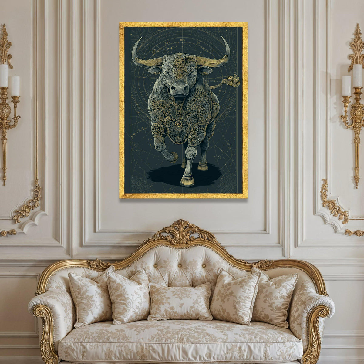 Mechanical Bull Canvas Wall Art, Steampunk Animal Design, Futuristic Metallic Bull, Industrial Home Decor, Bold Wall Luxury Home Decor