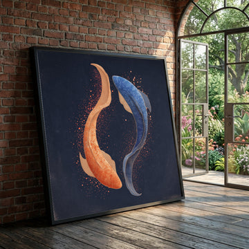 Koi Fish Pair Canvas Wall Art, Blue and Orange Fish Painting, Zen Water Garden Decor, Aquatic Nature Canvas, Elegant Wall Luxury Home Decor