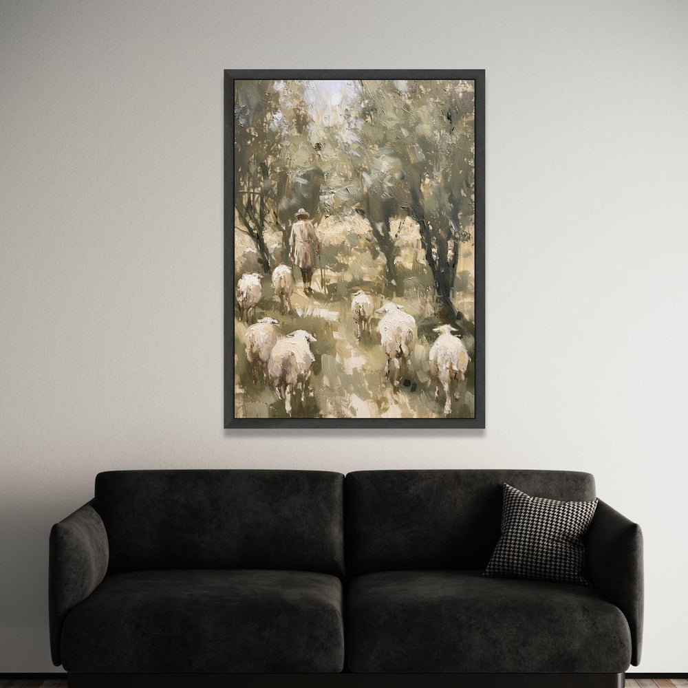 Shepherd and Sheep Forest Path Canvas, Pastoral Landscape Wall Art, Rustic Country Scene, Farm Animal Canvas, Nature Home Luxury Home Decor
