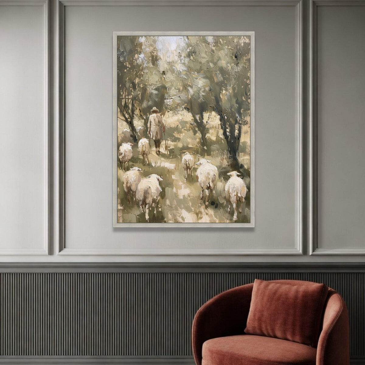 Shepherd and Sheep Forest Path Canvas, Pastoral Landscape Wall Art, Rustic Country Scene, Farm Animal Canvas, Nature Home Luxury Home Decor