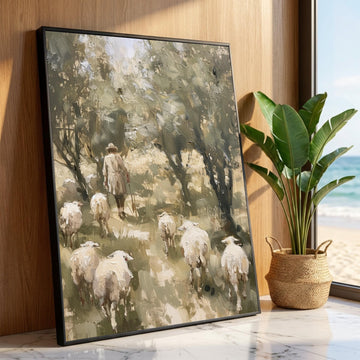 Shepherd and Sheep Forest Path Canvas, Pastoral Landscape Wall Art, Rustic Country Scene, Farm Animal Canvas, Nature Home Luxury Home Decor