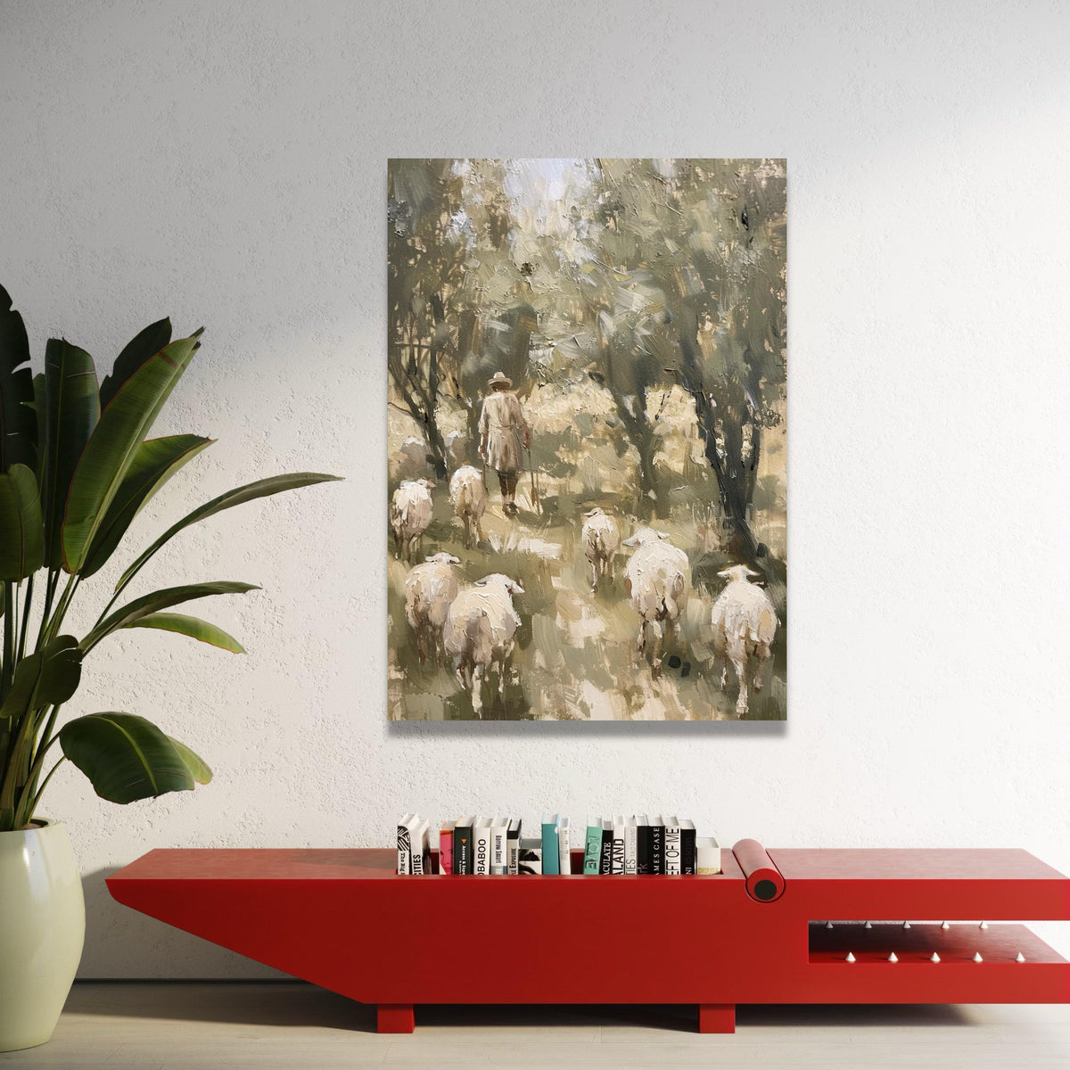 Shepherd and Sheep Forest Path Canvas, Pastoral Landscape Wall Art, Rustic Country Scene, Farm Animal Canvas, Nature Home Luxury Home Decor