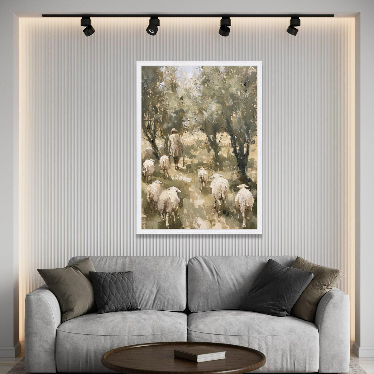 Shepherd and Sheep Forest Path Canvas, Pastoral Landscape Wall Art, Rustic Country Scene, Farm Animal Canvas, Nature Home Luxury Home Decor