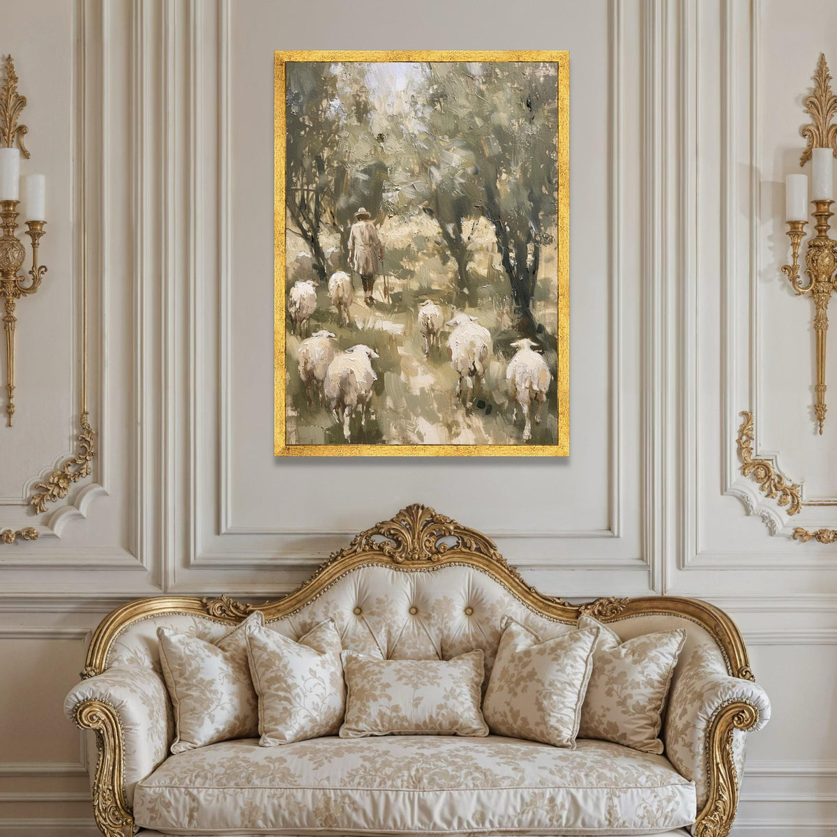 Shepherd and Sheep Forest Path Canvas, Pastoral Landscape Wall Art, Rustic Country Scene, Farm Animal Canvas, Nature Home Luxury Home Decor