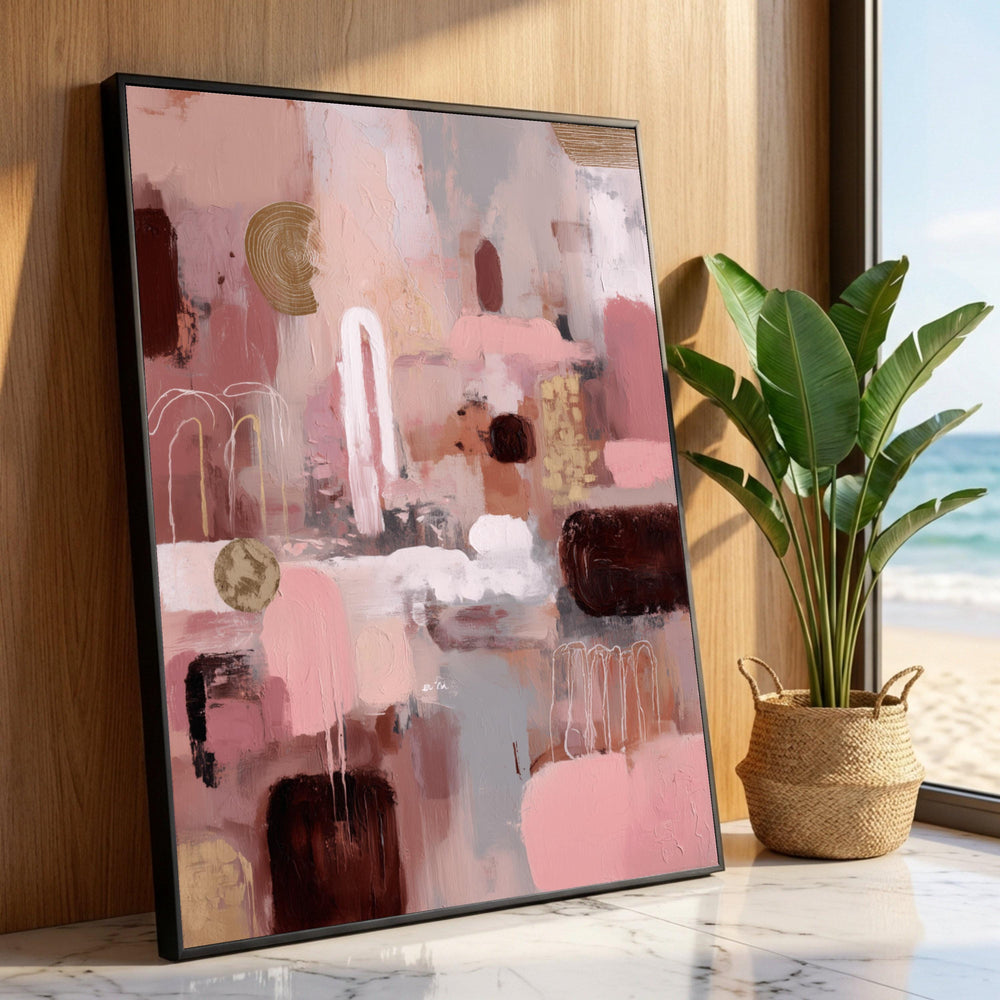 Warm Neutral Abstract Canvas, Modern Pink and Brown Wall Art, Geometric Shapes Painting, Minimalist Home Decor, Ready to Luxury Home Decor