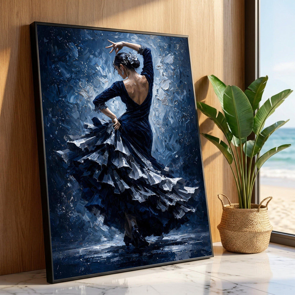 Elegant Flamenco Dancer Blue Dress Canvas, Spanish Dance Wall Art, Ballet Movement Canvas, Graceful Woman Art, Home Decor Luxury Home Decor