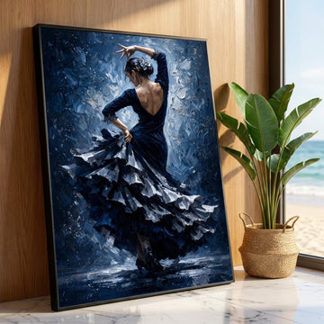 Elegant Flamenco Dancer Blue Dress Canvas, Spanish Dance Wall Art, Ballet Movement Canvas, Graceful Woman Art, Home Decor Luxury Home Decor