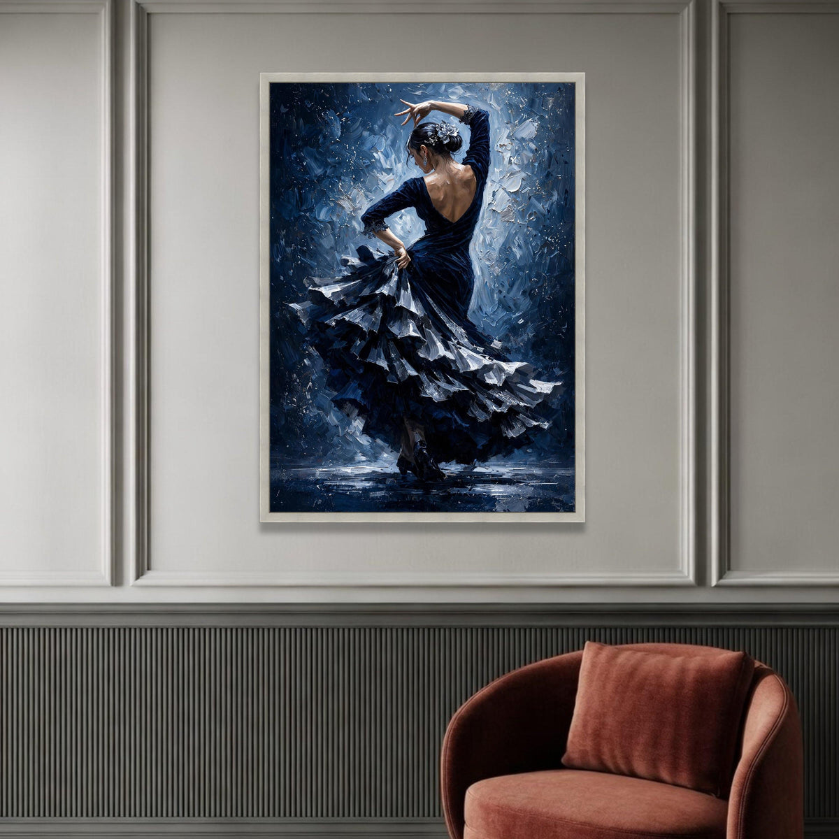Elegant Flamenco Dancer Blue Dress Canvas, Spanish Dance Wall Art, Ballet Movement Canvas, Graceful Woman Art, Home Decor Luxury Home Decor