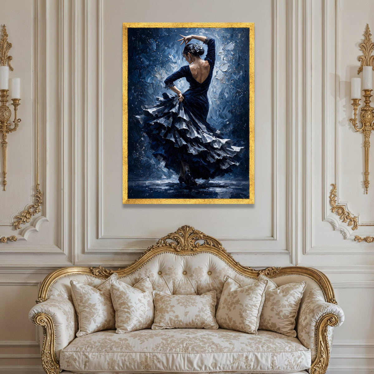 Elegant Flamenco Dancer Blue Dress Canvas, Spanish Dance Wall Art, Ballet Movement Canvas, Graceful Woman Art, Home Decor Luxury Home Decor