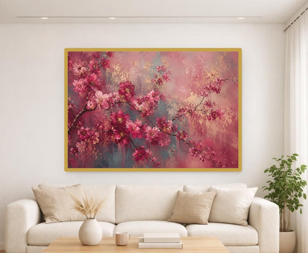 Pink Floral Abstract Cherry Blossom Branch Canvas Print, Floral Art Print, Living Room Decor, Framed Canvas