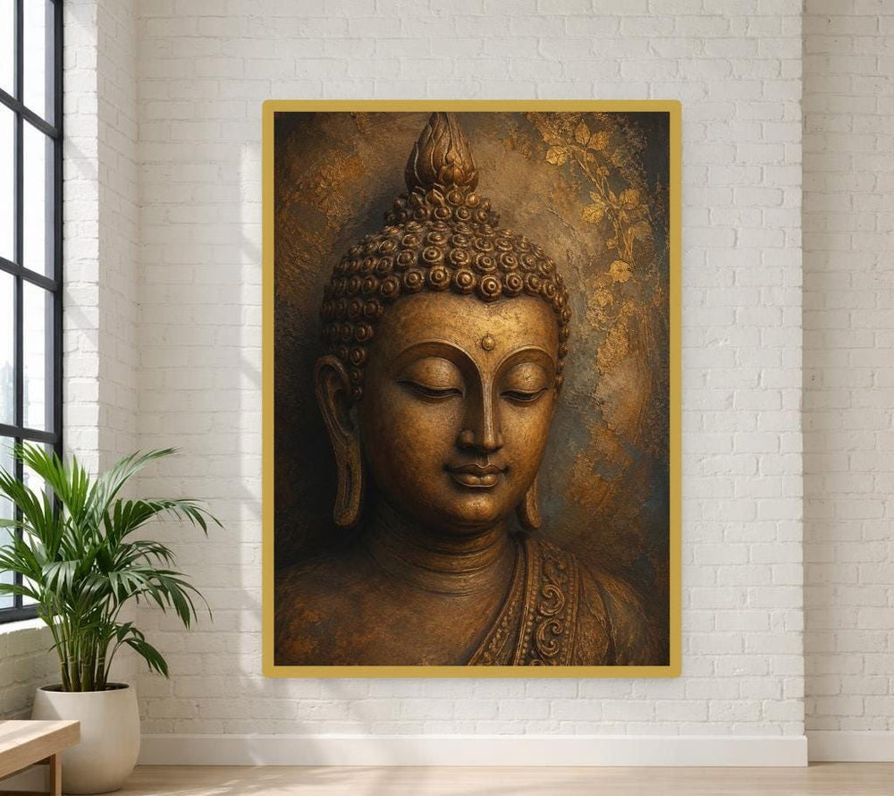 Golden Buddha Portrait Canvas Wall Art, Gold Meditative Sculpture Buddha Wall Art, Living Room Decor, Gallery Wall Art