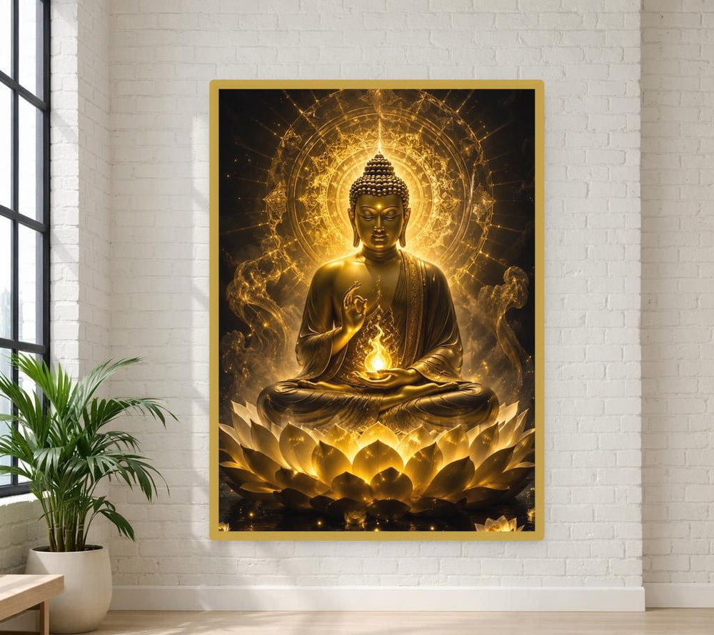 Golden Buddha on Lotus Canvas Print, Buddha Art Print, Meditation Room Wall Decor, Ready to Hang