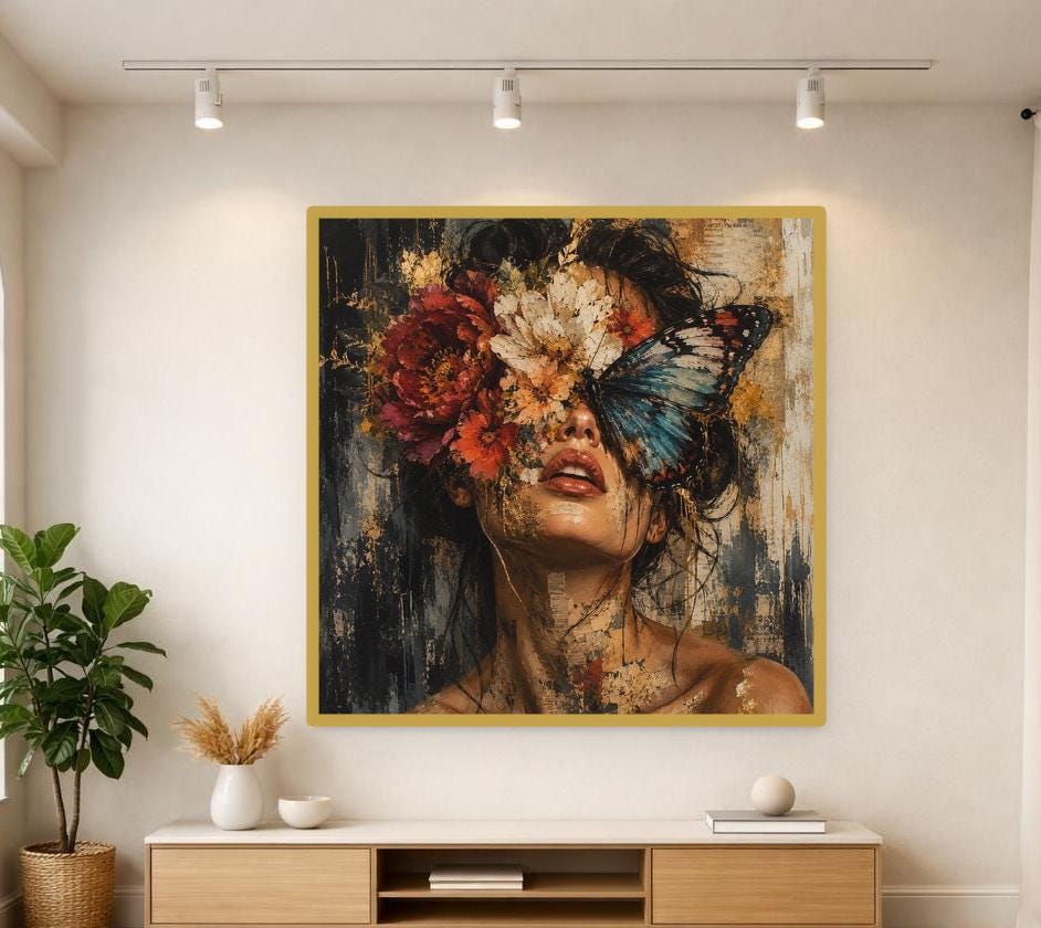 Floral Woman Portrait Wall Art Print, Moody Red Rose Portrait, Gothic Bedroom Gallery Decor
