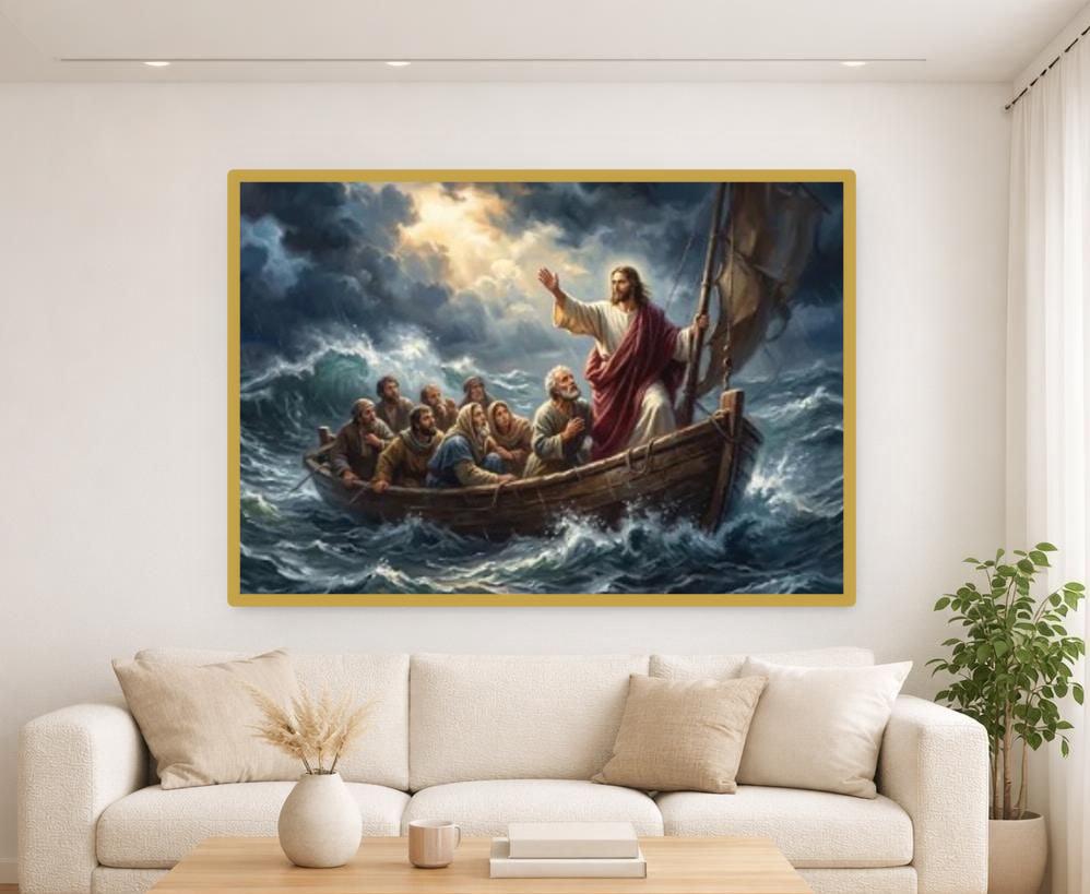 Jesus Christ in Storm Canvas Wall Art, Religious Art, Christian Prayer Room Decor, Framed Canvas