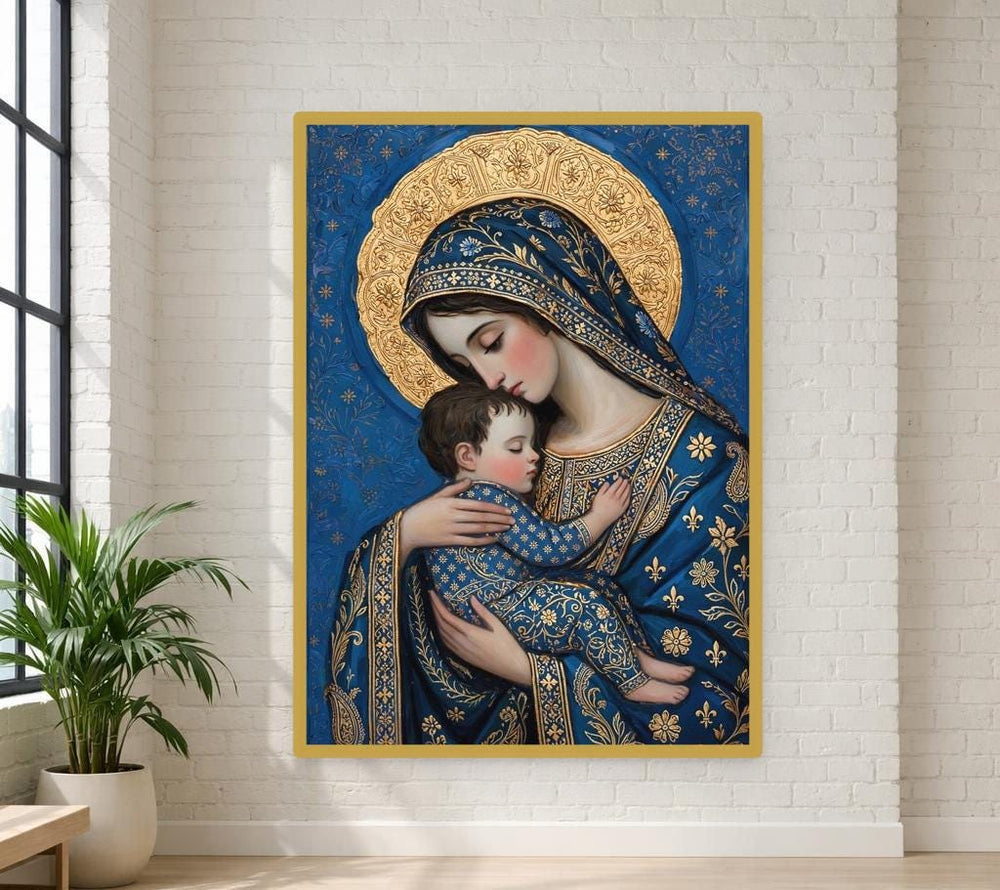 Gustav Klimt Virgin Mary and Child Framed Canvas Print, Religious Iconography Wall Art, Prayer Room Decor
