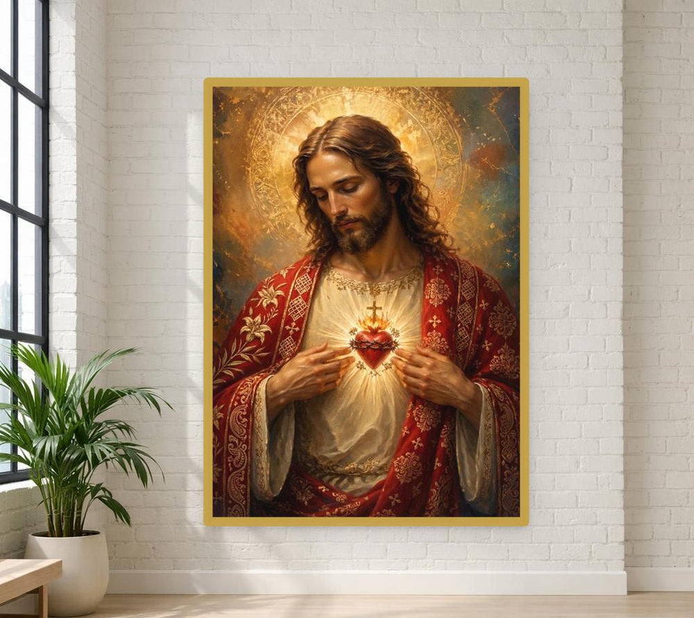 Jesus Christ Sacred Heart Wall Art Print, Christian Canvas Art, Prayer Room Decor, Framed Canvas