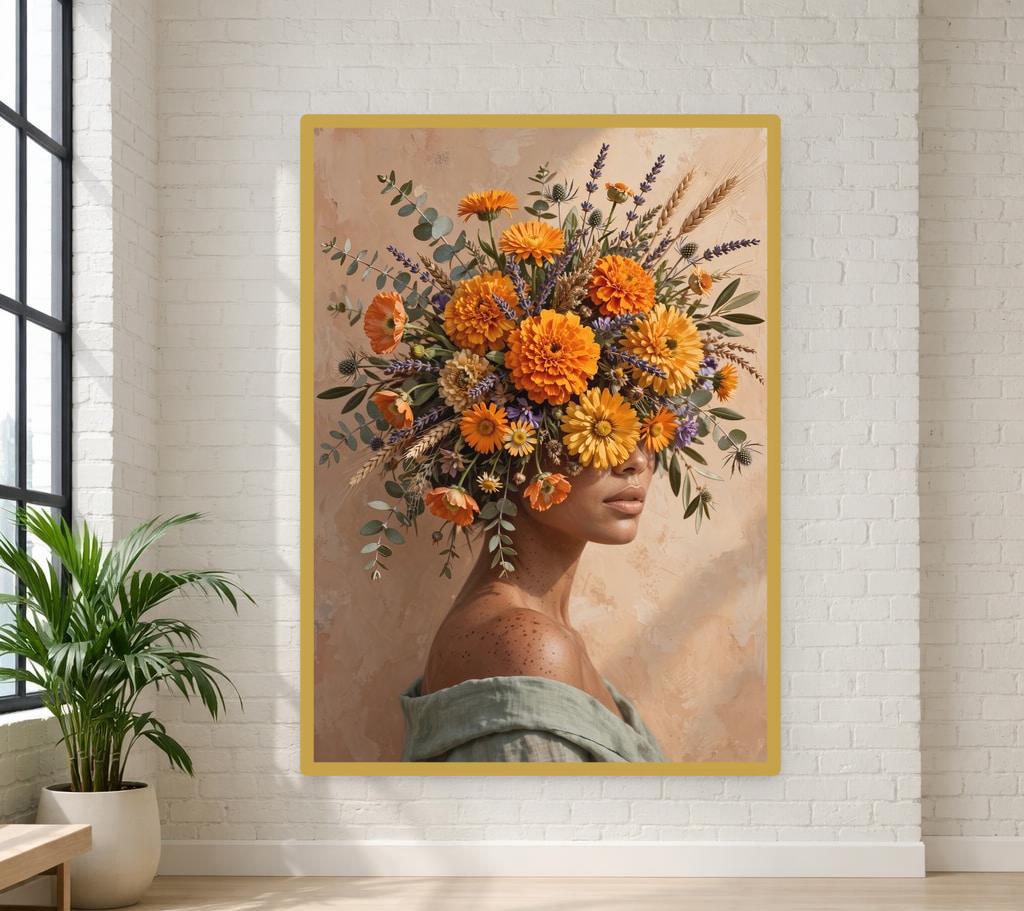Floral Woman Portrait Framed Canvas Print, Black Red Floral Wall Art, Dark Romantic Bedroom Decor