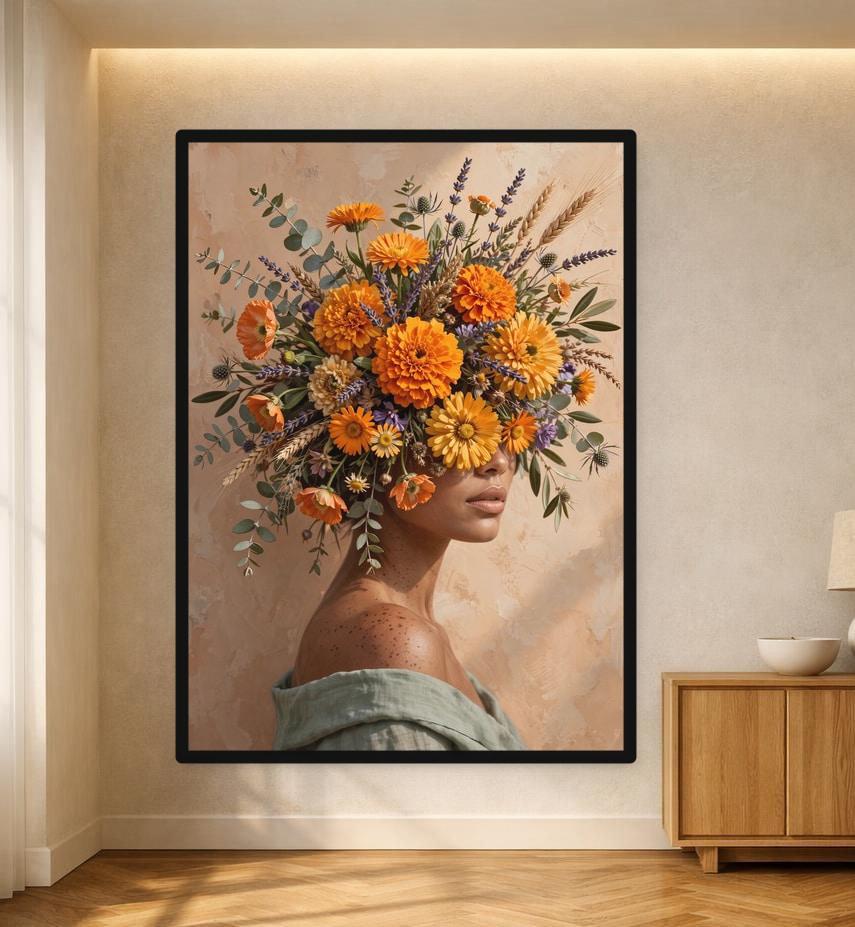 Floral Woman Portrait Framed Canvas Print, Black Red Floral Wall Art, Dark Romantic Bedroom Decor