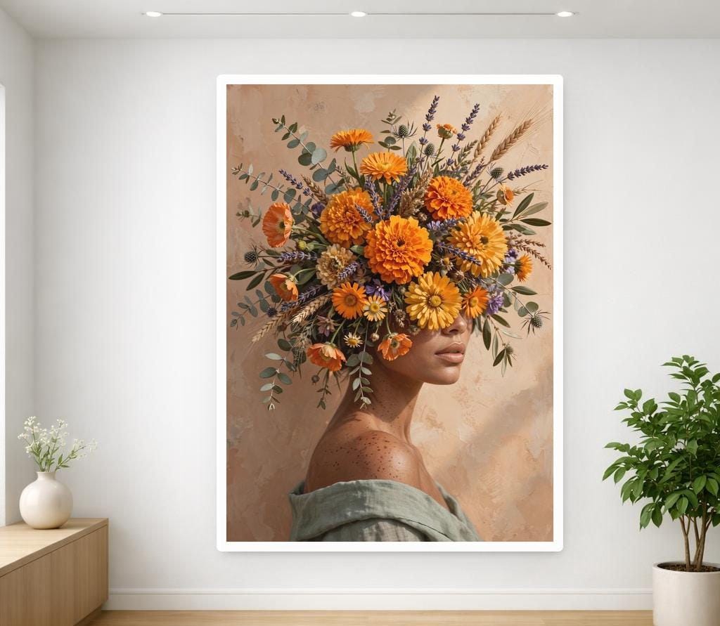 Floral Woman Portrait Framed Canvas Print, Black Red Floral Wall Art, Dark Romantic Bedroom Decor