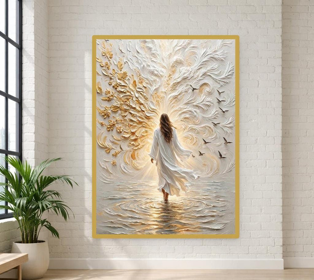 Woman Walking on Water Framed Canvas Print, Religious Art, Religious Living Room Decor