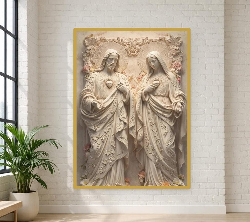Jesus Christ and Virgin Mary Framed Canvas Print, Religious Art Print, Religious Prayer Room Decor