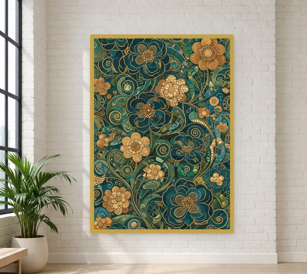 Gustav Klimt Floral Mosaic Canvas Wall Art, Colorful Floral Print, Art Nouveau Living Room Decor, Framed Canvas