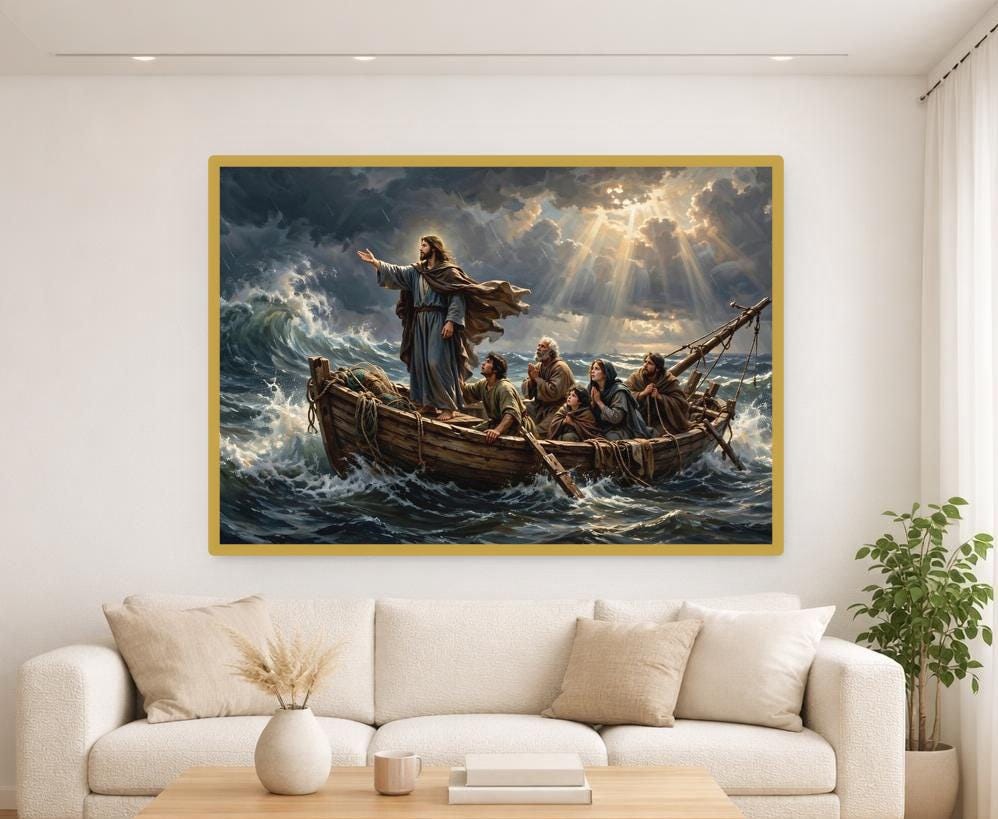 Jesus in Stormy Sea Wall Art Print, Christian Canvas Art, Prayer Room Decor, Framed Canvas