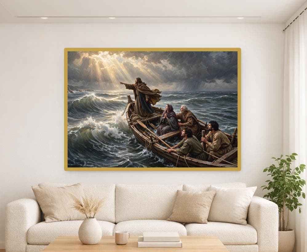 Jesus in Stormy Sea Canvas Wall Art, Religious Art, Christian Living Room Decor, Framed Canvas