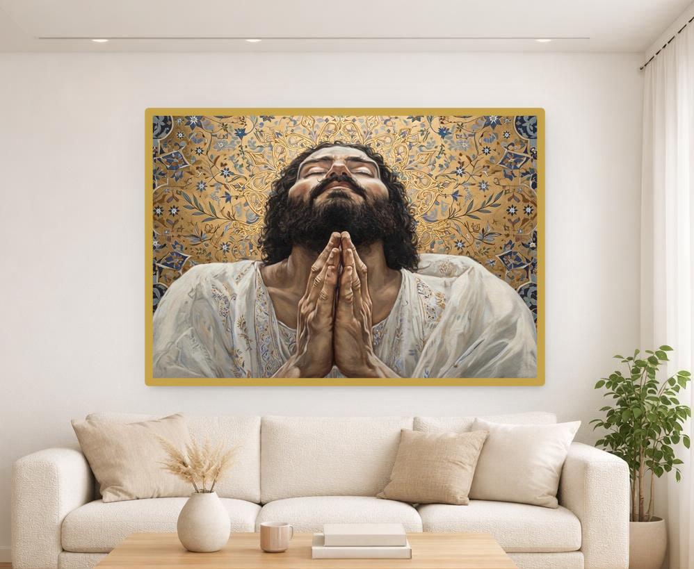 Gold Religious Art Gustav Klimt Jesus Christ Praying Canvas Wall Art, Christian Art, Prayer Room Decor, Framed Canvas