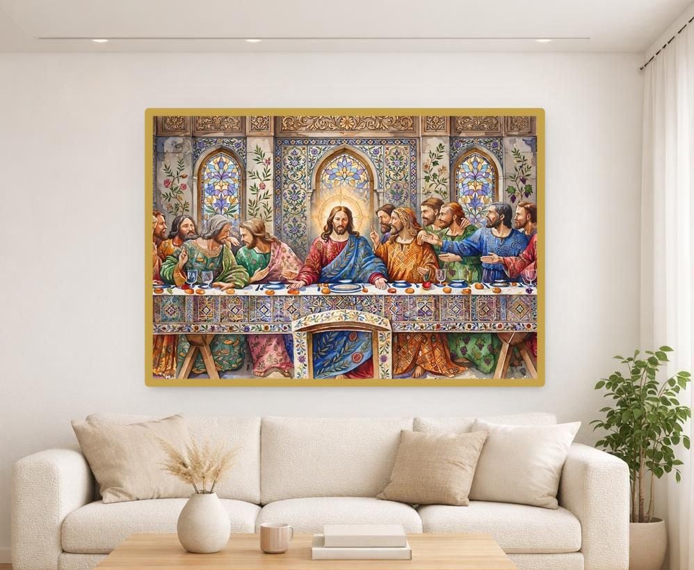 Blue Religious Art Gustav Klimt Last Supper Canvas Wall Art, Christian Art, Prayer Room Decor, Framed Canvas