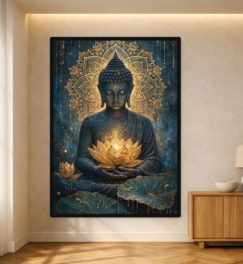 Golden Buddha with Lotus Canvas Wall Art, Spiritual Mandala Print, Meditation Room Decor, Ready to Hang