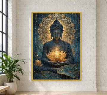 Golden Buddha with Lotus Canvas Wall Art, Spiritual Mandala Print, Meditation Room Decor, Ready to Hang