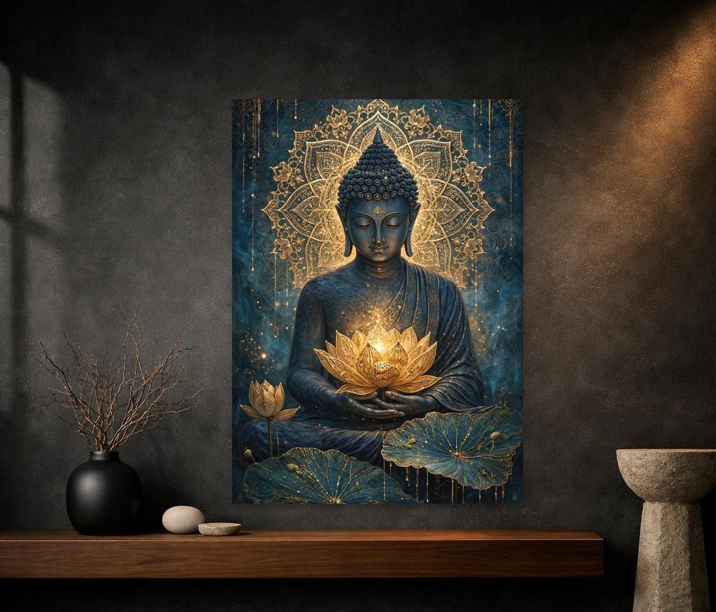 Golden Buddha with Lotus Canvas Wall Art, Spiritual Mandala Print, Meditation Room Decor, Ready to Hang