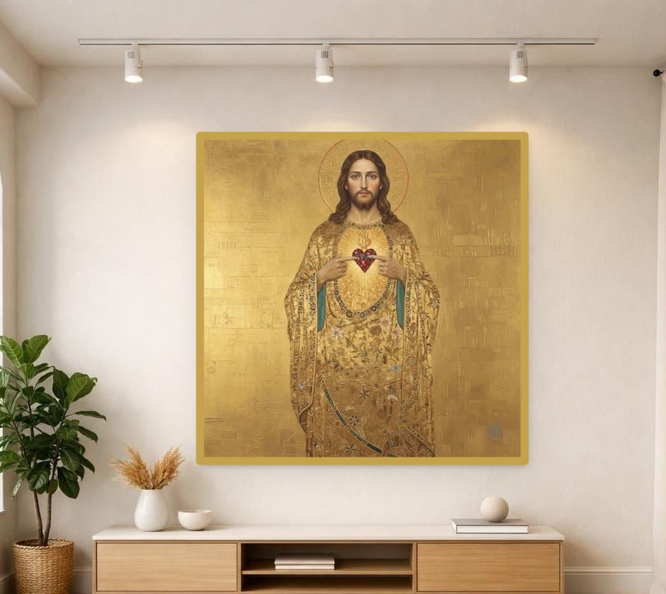 Gold Religious Iconography Gustav Klimt Sacred Heart of Jesus Canvas Print, Christian Art, Prayer Room Decor, Framed Canvas