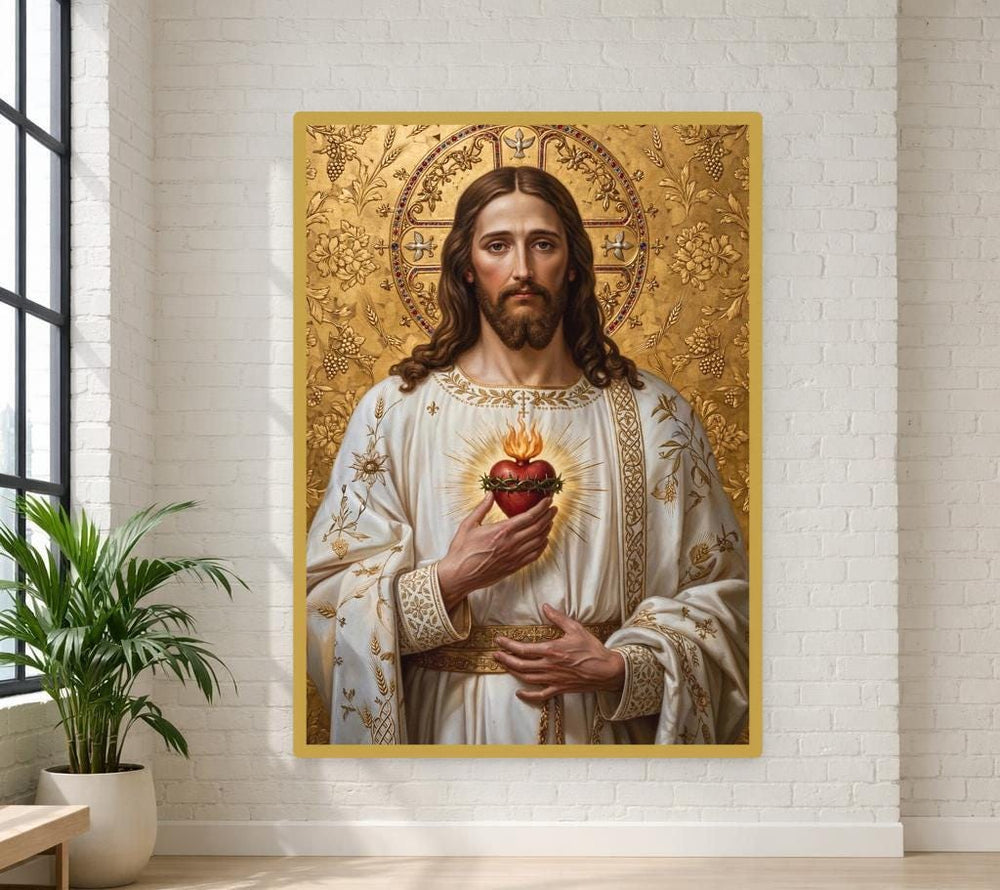 Jesus Christ Sacred Heart Wall Art Print, Christian Canvas Art, Prayer Room Decor, Framed Canvas
