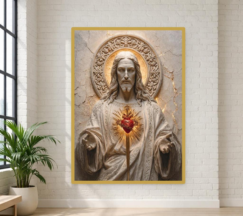 Sacred Heart of Jesus Canvas Print, Religious Sculpture Wall Art, Faith Based Prayer Room Decor, Ready to Hang