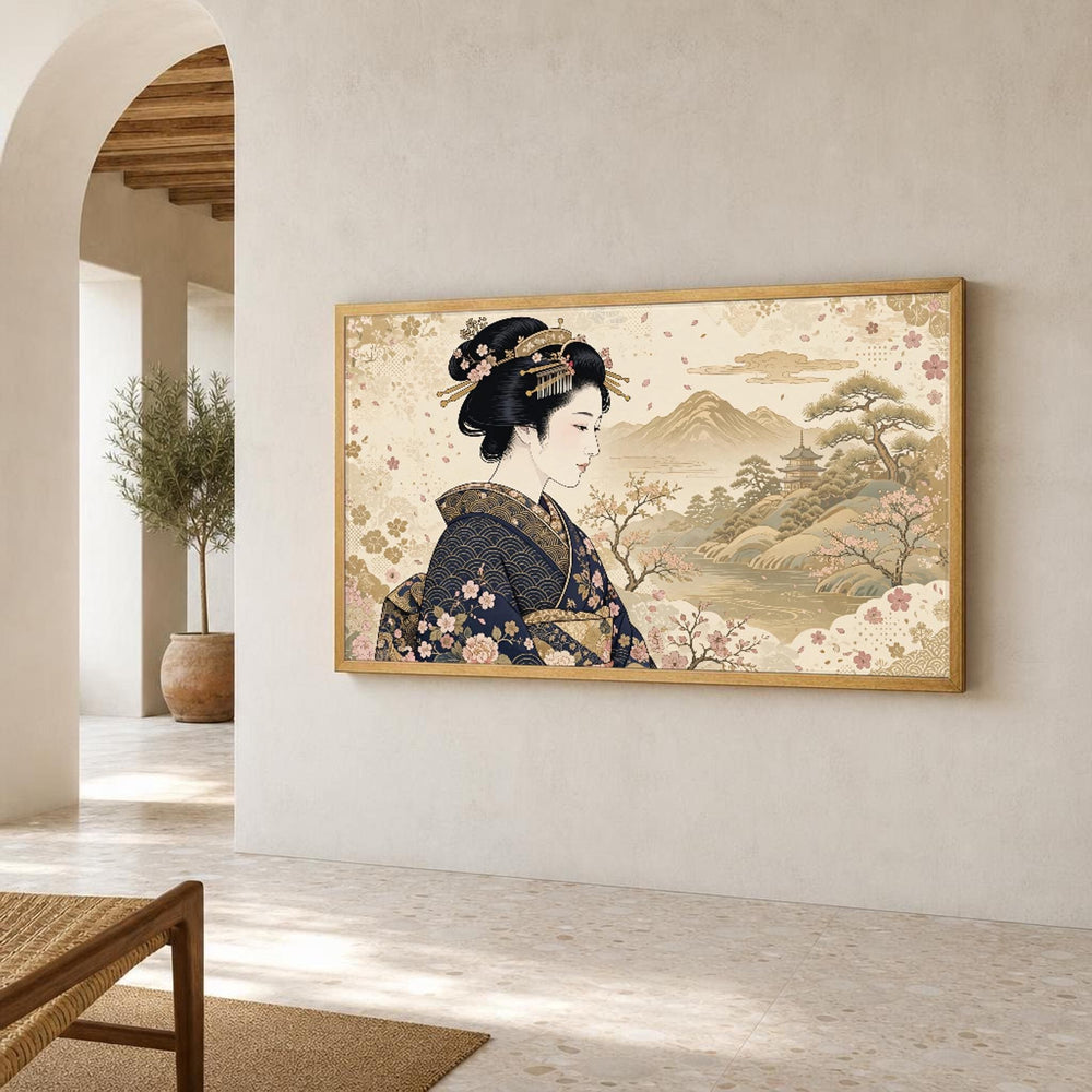 Japanese Geisha Woman Canvas Wall Art, Japanese Kimono Portrait, Portrait