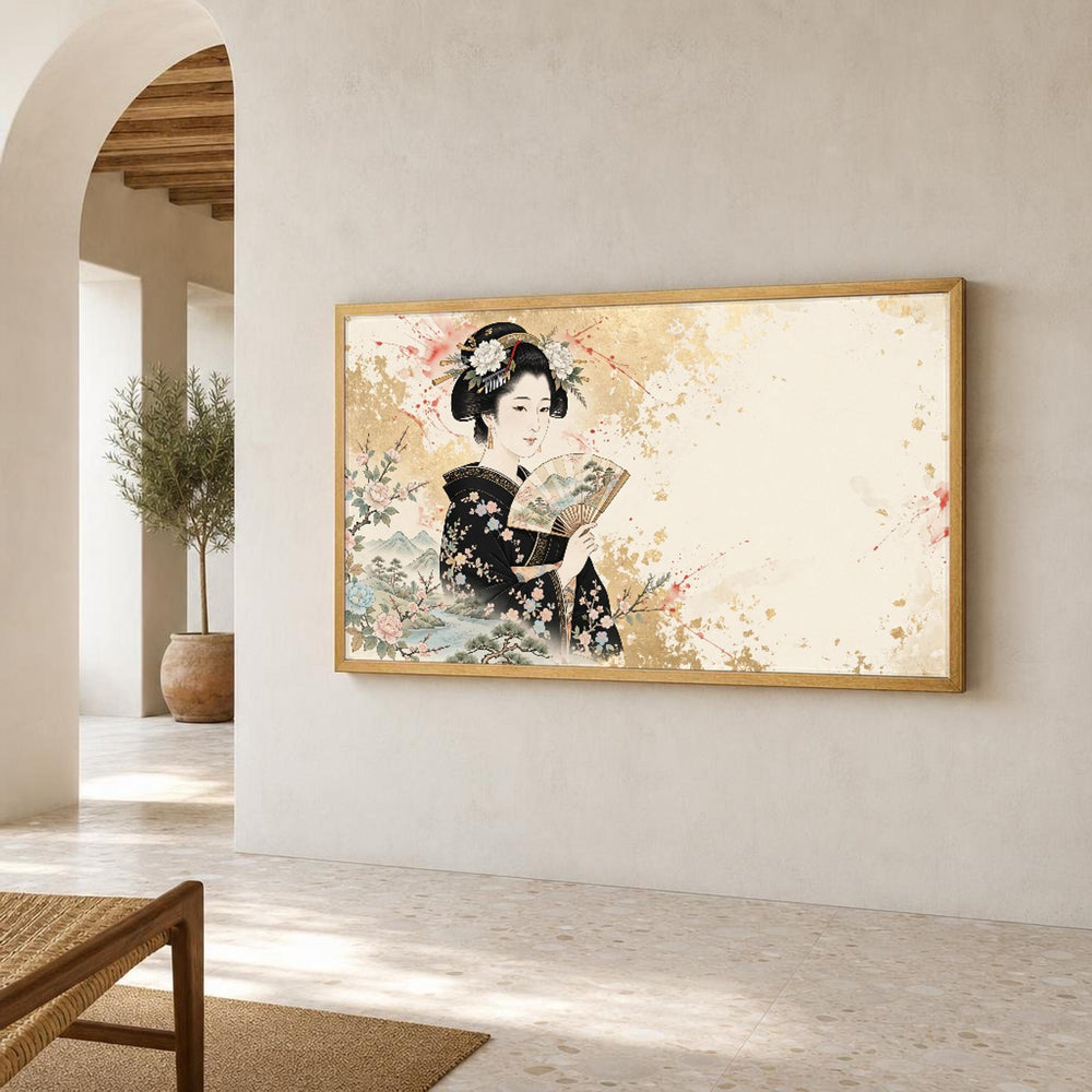 Japanese Geisha Woman Canvas Wall Art, Painterly Botanical Art, Portrait