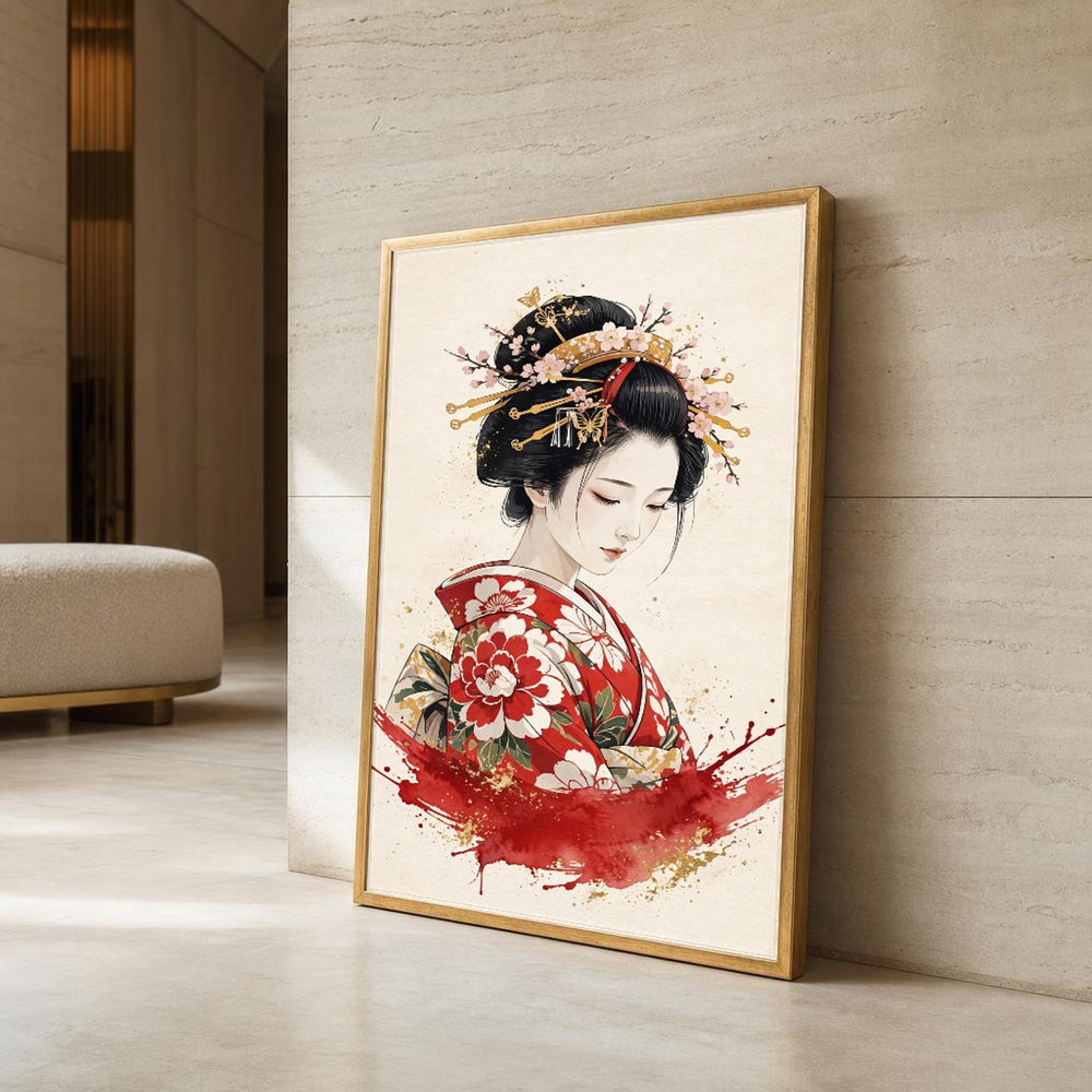Japanese Geisha Woman Canvas Wall Art, Portrait, Painterly Botanical Art
