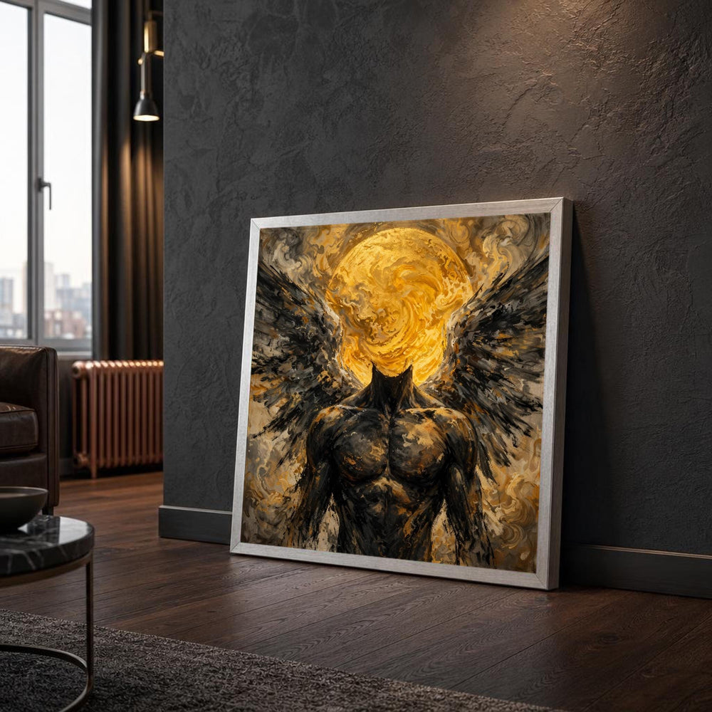 Gold Icarus Sun Mythical Winged Art Canvas Wall Art, Modern Minimalist Abstract